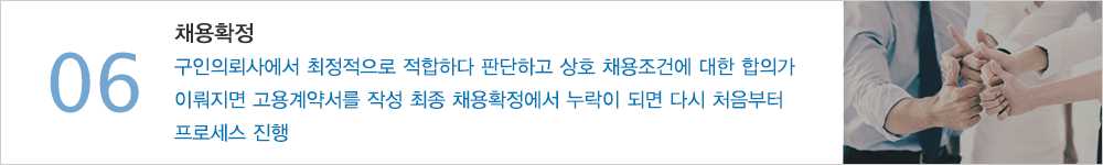 06.채용확정 - 구인의뢰사에서 최정적으로 적합하다 판단하고 상호 채용조건에 대한 합의가 이뤄지면 고용계약서를 작성 최종 채용확정에서 누락이 되면 다시 처음부터 프로세스 진행
